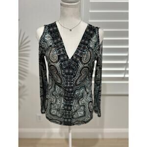 INC IWome’s Brown/Blue Paisley Long Sleeve Blouse Shoulder Cut Outs Size S